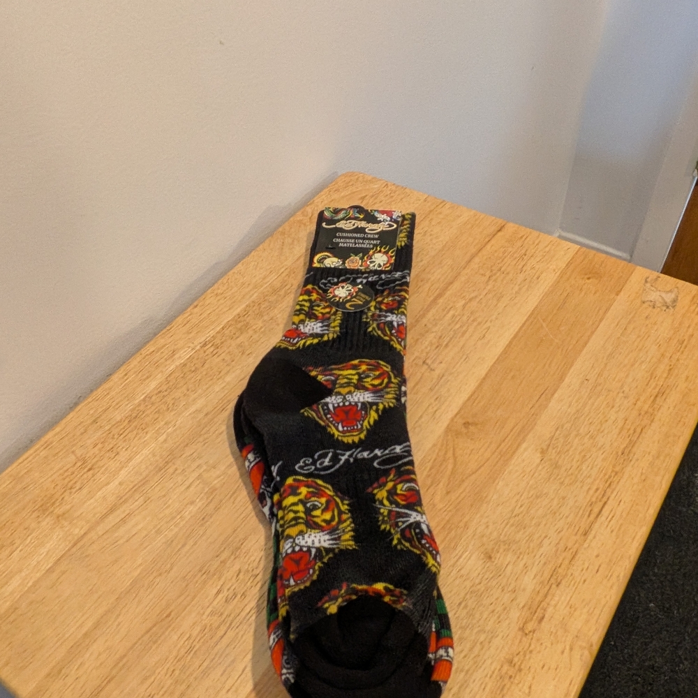 Ed Hardy Black Crew Socks with Multicolor Tiger Motif